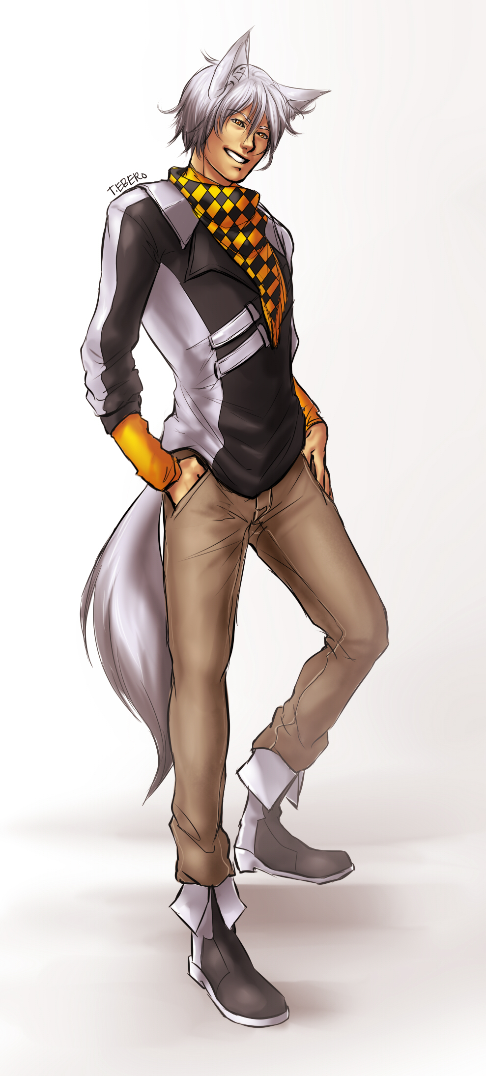 1boy, animal_ears, artist_name, bandana, dex_(vocaloid), full_body, grey_background, highres, jacket, male_focus, orange_eyes, solo, tail, teeth, tiebero, vocaloid, wolf_ears, wolf_tail