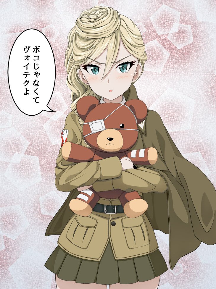 10s, belt, blonde_hair, boko_(girls_und_panzer), braid, capelet, check_translation, commentary_request, girls_und_panzer, girls_und_panzer_ribbon_no_musha, green_eyes, hair_bun, inoshira, jajka_(girls_und_panzer), long_hair, military, military_uniform, miniskirt, pleated_skirt, single_hair_bun, skirt, stuffed_animal, stuffed_toy, teddy_bear, translation_request, wojtek