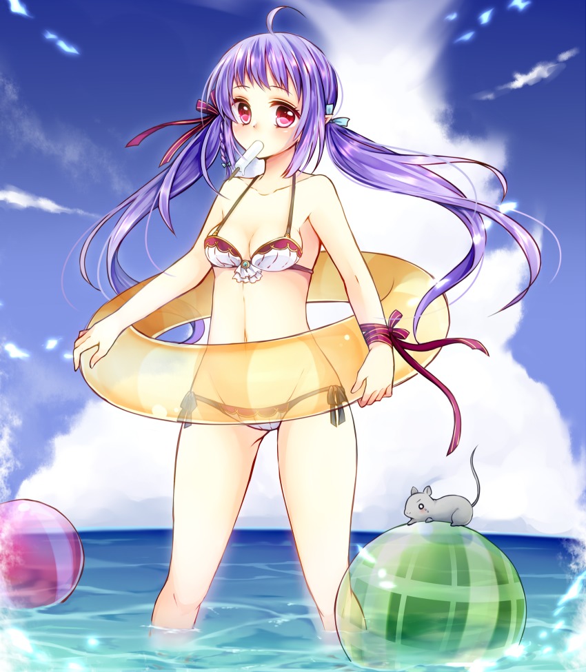 1girl, animal, ball, bare_arms, bare_shoulders, beachball, bikini, blush
