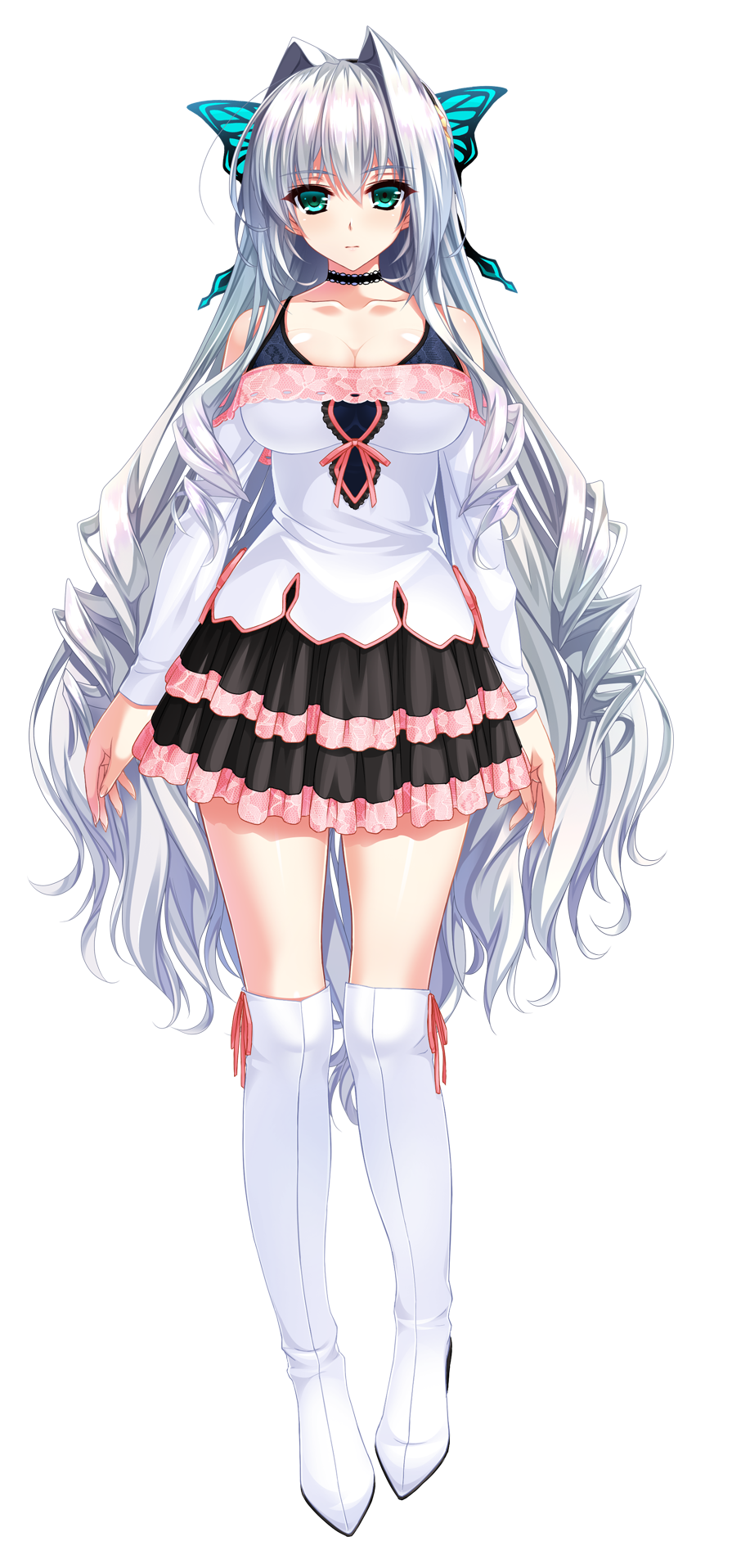 1girl, amasaka_takashi, aqua_eyes, breasts, collar, female_focus, full_body, hair_ornament