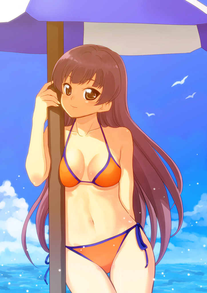00s, 1girl, beach_umbrella, bikini, bird, breasts, brown_eyes, brown_hair