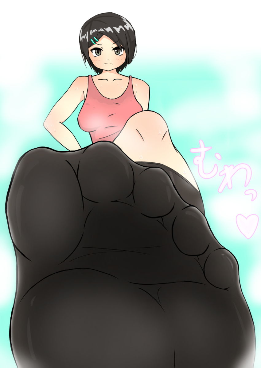 1girl, black_hair, black_legwear, blush, collarbone, feet, foot_focus, from_below