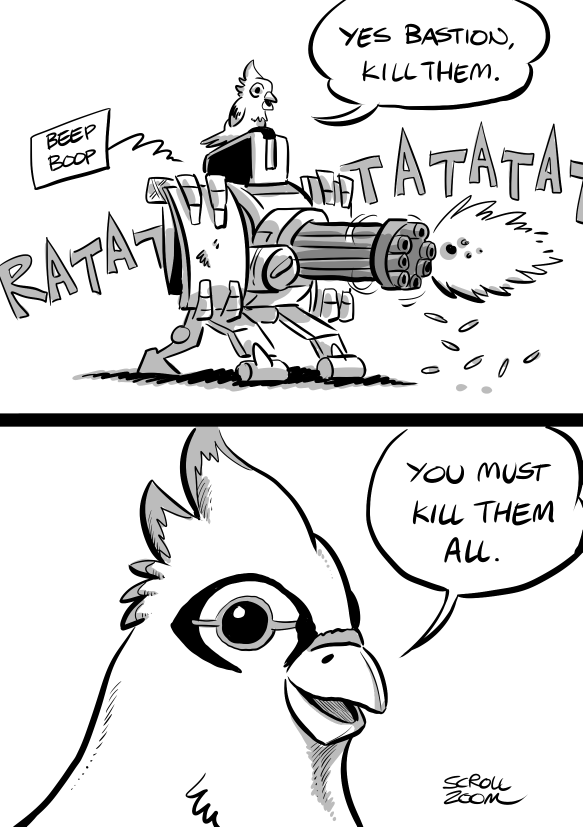 2koma, animal, animal_on_head, artist_name, autocannon, bastion_(overwatch), bird, bird_on_head, bullet, cannon, close-up, comic, commentary, english_text, firing, ganymede_(overwatch), gatling_gun, greyscale, gun, machine_gun, markraas, mecha, minigun, monochrome, multiple-barrel_gun, no_humans, non-humanoid_robot, on_head, overwatch, overwatch_1, rifle, robot, rotary_cannon, shell_casing, weapon