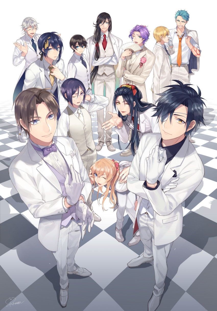 10s, 6+boys, ^_^, black_hair, blazer, blonde_hair, blue_eyes, blue_hair