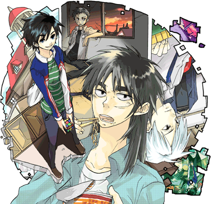 4boys, akagi, akagi:_yami_ni_oritatta_tensai, akagi_shigeru, black_hair, buraiden_gai, denim, eating
