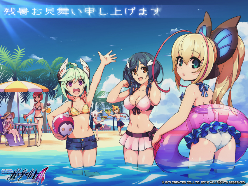 2boys, 5girls, acura_(gunvolt), aqua_eyes, artist_request, ass, azure_striker_gunvolt, azure_striker_gunvolt_2, beach, beach_umbrella, bikini, black_hair, black_jammers, black_male_swimwear, blonde_hair, blue_male_swimwear, blue_swim_trunks, breasts, brown_eyes, cleavage, day, denim, denim_shorts, green_hair, gunvolt, highres, jammers, joule_(gunvolt), long_hair, looking_at_viewer, looking_back, lumen_(gunvolt), male_swimwear, michiru_(gunvolt), multiple_boys, multiple_girls, mytyl_(gunvolt), navel, nowa_(gunvolt), official_art, open_mouth, ouka_(gunvolt), purple_eyes, red_hair, roro_(gunvolt), short_hair, shorts, small_breasts, smile, standing, super_soaker, swim_trunks, swimsuit, umbrella, wet, white_hair
