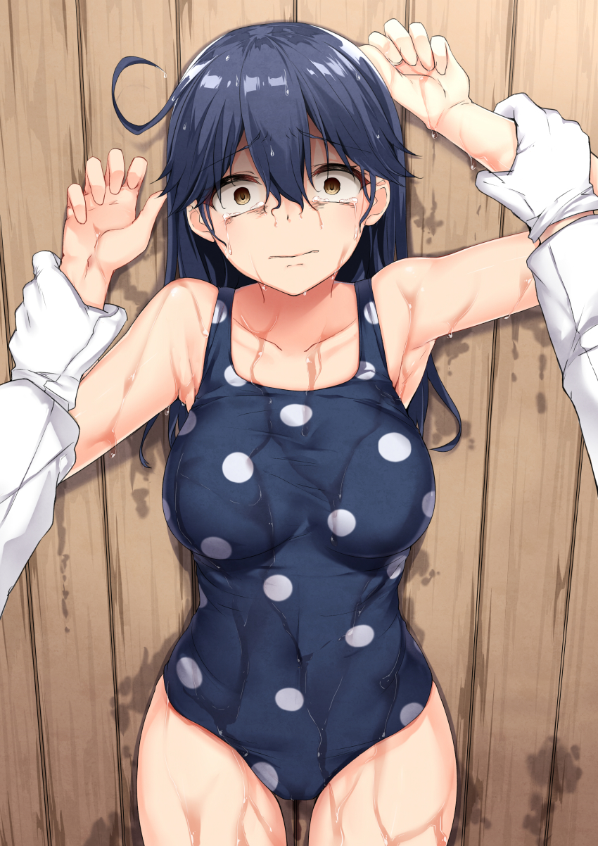 10s, 1girl, absurdres, admiral_(kancolle), against_wall, ahoge, arm_up, armpits, bags_under_eyes, bare_arms, bare_shoulders, black_hair, breasts, brown_eyes, constricted_pupils, covered_navel, cowboy_shot, dripping, gloves, hair_between_eyes, highres, holding_another's_wrist, imminent_rape, jack_dempa, kabedon, kantai_collection, large_breasts, long_hair, long_sleeves, looking_at_viewer, polka_dot, polka_dot_swimsuit, restrained, scared, solo_focus, standing, swimsuit, thighs, ushio_(kancolle), ushio_(swimsuit)_(kancolle), very_long_hair, water, wet, wet_clothes, wet_hair, wet_swimsuit, white_gloves, wide-eyed, wooden_wall