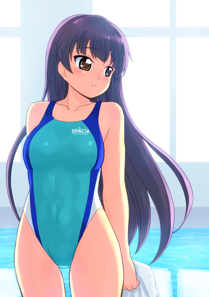 00s, 1girl, bare_shoulders, black_eyes, blush, breasts, brown_eyes, competition_swimsuit