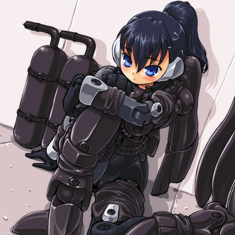 10s, android, bad_id, bad_pixiv_id, black_hair, blue_eyes, blush, busou_shinki, dd_(ijigendd), doll_joints, joints, ponytail, short_hair, solo, waffedolphin