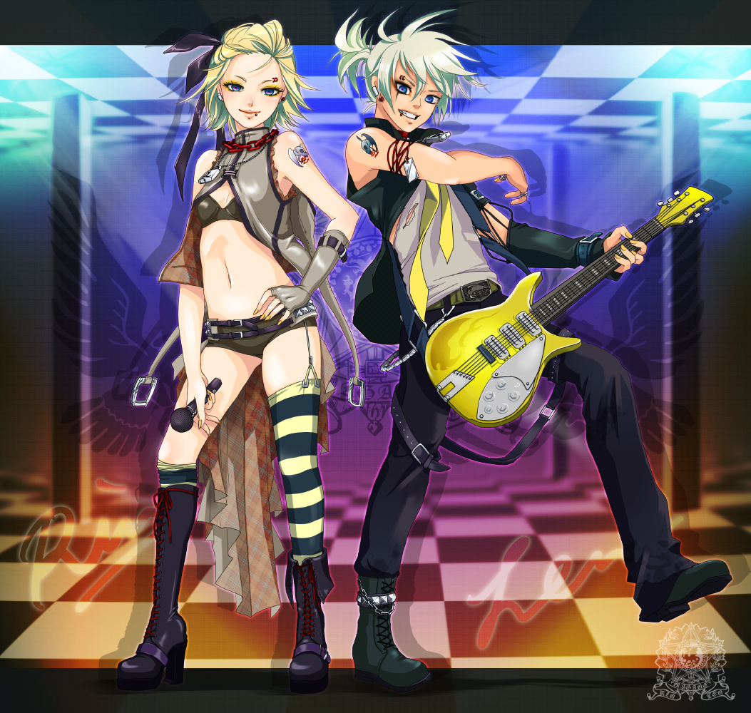 1boy, 1girl, asymmetrical_clothes, belt, blonde_hair, blue_eyes, boots, brother_and_sister