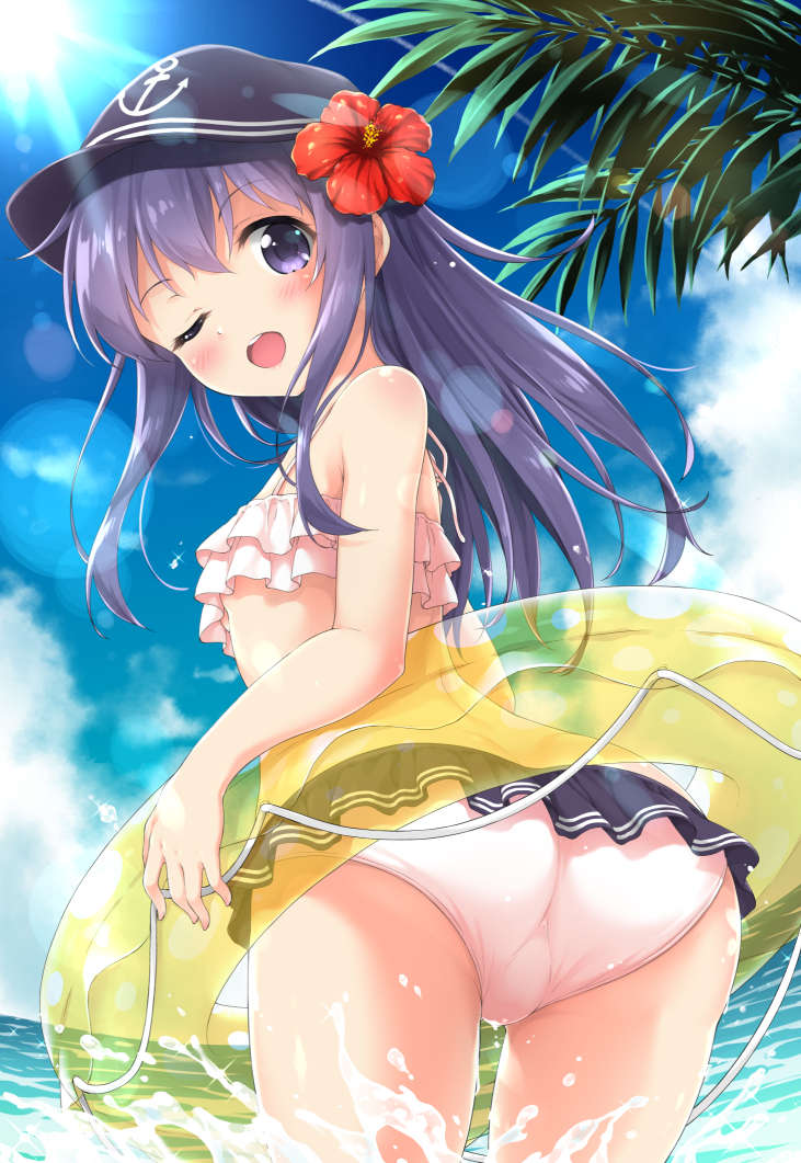 10s, 1girl, ;d, akatsuki_(kancolle), anchor_symbol, ass, bikini, blue_sky