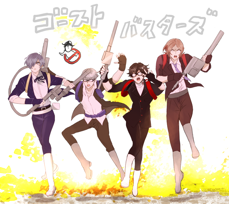 10s, 4boys, amamiya_ren, black_hair, blue_eyes, blue_hair, brown_hair, fingerless_gloves, ghostbusters, ghostbusters_(2016), glasses, gloves, iriya_(lonesome), kneehighs, male_focus, multiple_boys, narukami_yu, necktie, parody, persona, persona_1, persona_2, persona_2_tsumi, persona_3, persona_4, persona_5, ribbon, school_uniform, short_hair, socks, suou_tatsuya, toudou_naoya, yuuki_makoto_(persona_3)