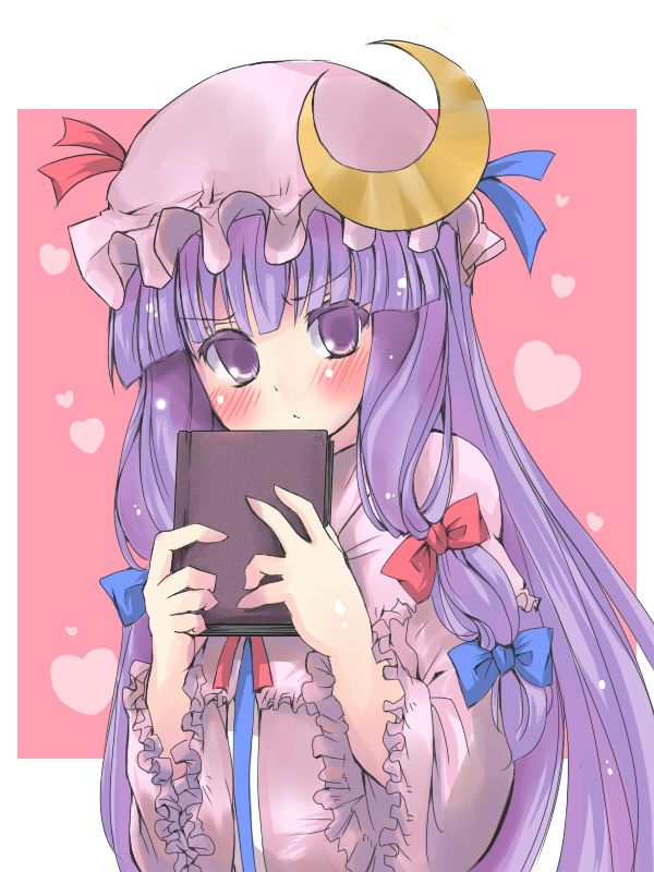 1girl, bad_id, bad_pixiv_id, blush, book, bow, crescent, female_focus, frown, hair_bow, hat, long_hair, multiple_hair_bows, paopao, patchouli_knowledge, purple_hair, ribbon, solo, touhou, tsutsumi
