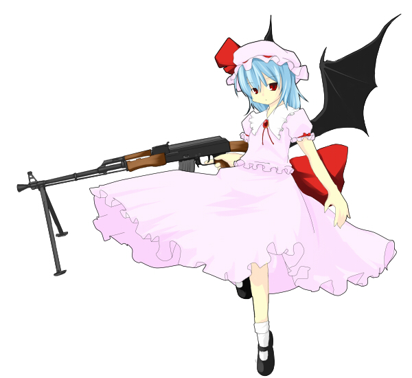 1girl, bad_id, bad_pixiv_id, blue_hair, female_focus, full_body, gun, hat