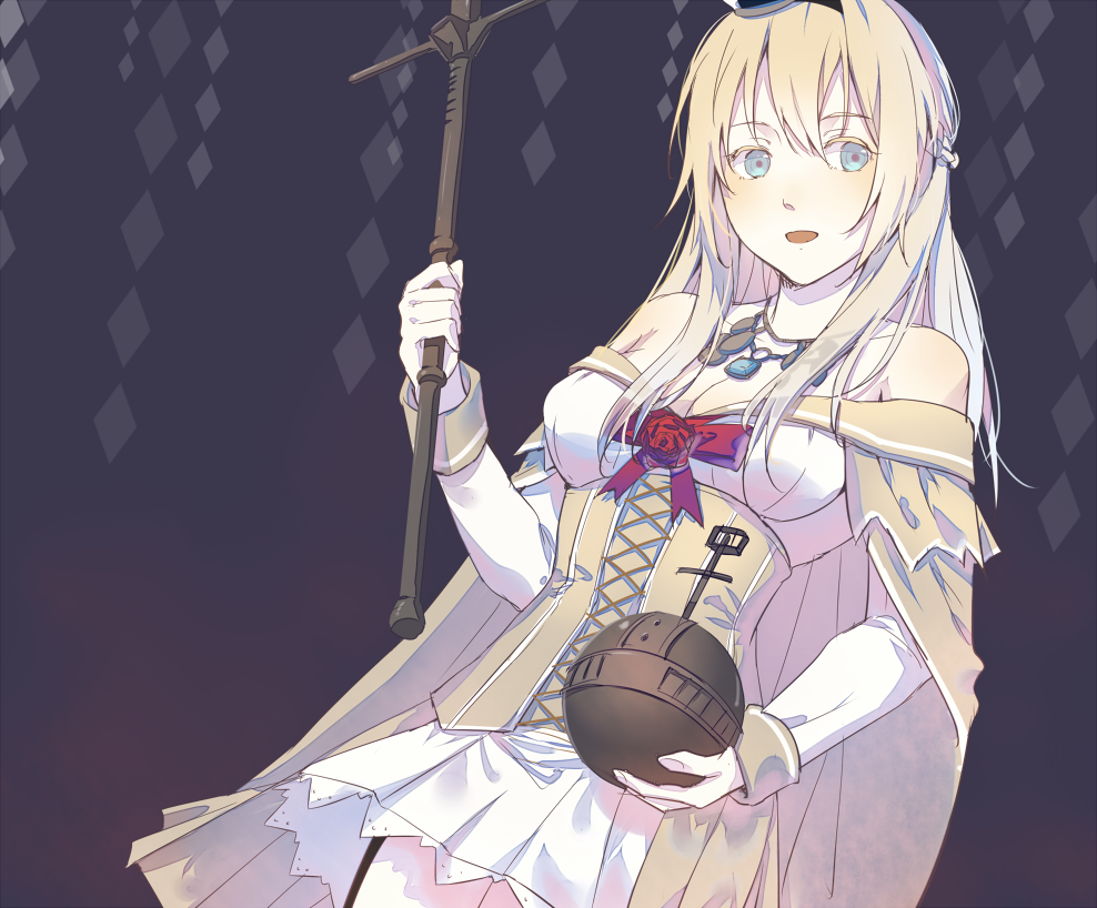 10s, 1girl, alternate_skin_color, bare_shoulders, blonde_hair, blue_eyes, blush, braid