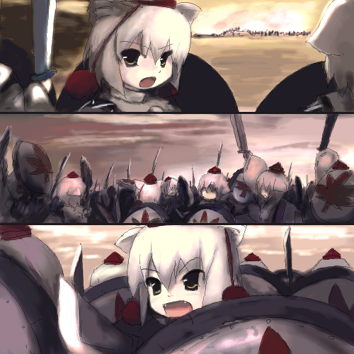 300_(movie), 6+girls, animal_ears, clone, female_focus, hat, inubashiri_momiji, leaf