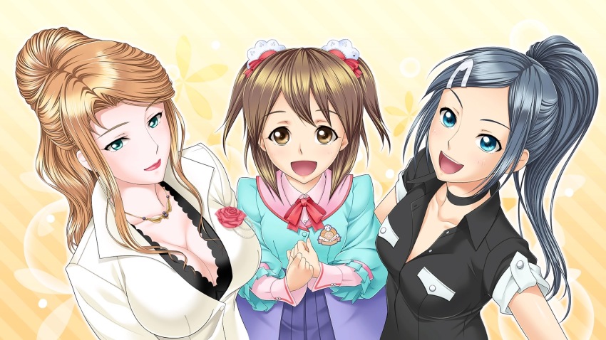 3girls, :d, aqua_eyes, aqua_shirt, artist_request, asagiri_mashiro, black_shirt, blue_hair, blue_skirt, bow, breasts, brown_eyes, brown_hair, bubble, buttons, cleavage, clenched_hands, dice, emblem, eyebrows, fingernails, flat_chest, floral_background, flower, forehead, fringe_trim, from_above, game_cg, girl_sandwich, green_eyes, group_picture, hair_ornament, hair_over_breasts, hairclip, happy, highres, jewelry, large_breasts, light_smile, lips, lipstick, long_hair, looking_at_viewer, looking_up, makeup, multiple_girls, nakano_saki, neck, necklace, non-web_source, open_mouth, orange_hair, outstretched_arm, pink_shirt, pleated_skirt, ponytail, red_bow, red_flower, red_rose, rose, saionji_hatsuki, sandwiched, shirt, short_hair, simple_background, skirt, small_breasts, smile, standing, teeth, tongue, tottemo_e_mahjong_plus, twintails, two_side_up, upper_body, white_shirt, yellow_background