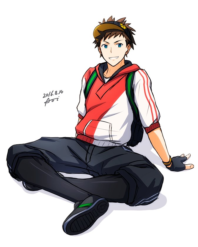 10s, 1boy, 2016, aoi_taishi, arm_support, backpack, bag, blue_eyes