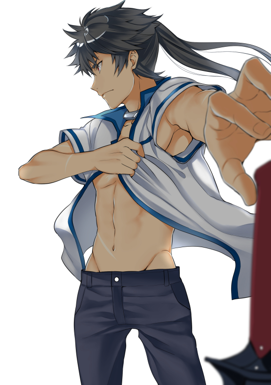 10s, 1boy, abs, armpit_peek, black_hair, kuromukuro, male_focus, maodaisuke