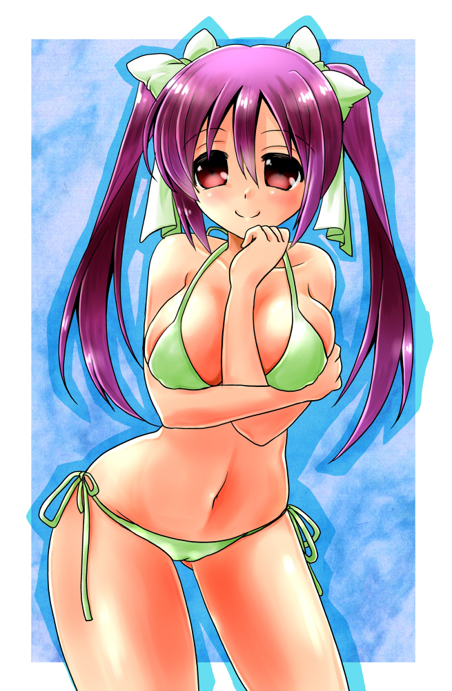 1girl, bikini, breasts, female_focus, hair_between_eyes, hair_ribbon, large_breasts, long_hair