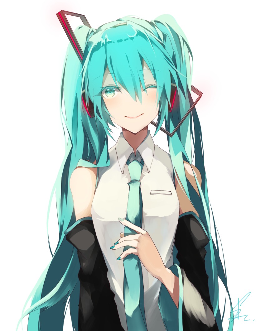 1girl, ;), aqua_eyes, aqua_hair, aqua_nails, aqua_necktie, bad_id, bad_pixiv_id