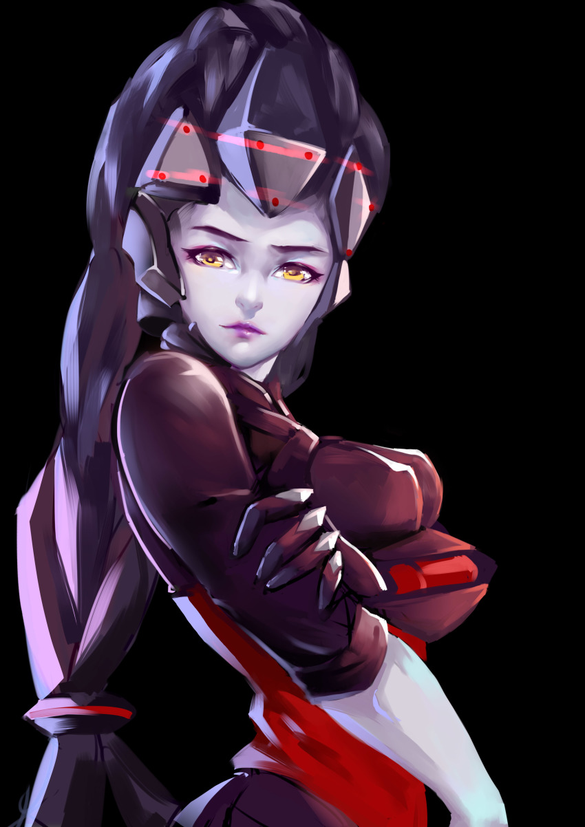 1girl, absurdres, alternate_hairstyle, amy_(lingll), black_background, bodysuit, breast_hold, breast_rest