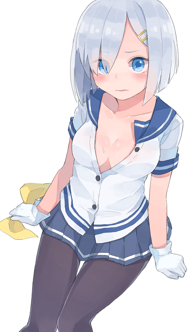 10s, 1girl, blue_eyes, blush, breasts, cleavage, female_focus, gloves, hair_ornament, hair_over_one_eye, hairclip, hamakaze_(kancolle), highres, kantai_collection, looking_at_viewer, open_clothes, open_shirt, pantyhose, pleated_skirt, school_uniform, serafuku, shirt, short_hair, silver_hair, sitting, skirt, solo, suppaman_(rfjy), sweat, towel