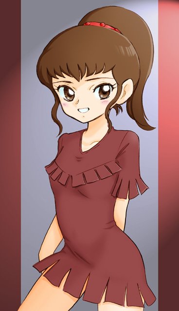 1980s_(style), 1girl, brown_eyes, brown_hair, chururu, dress, female_focus, gradient_background