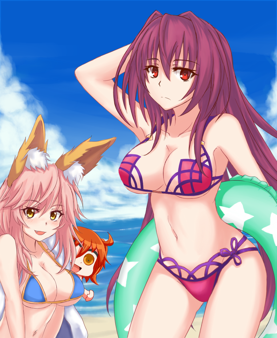 10s, 3girls, animal_ears, bare_shoulders, beach, bikini, blue_bikini, blush, breasts, cleavage, cloud, day, fang, fate/extra, fate/grand_order, fate_(series), fox_ears, fujimaru_ritsuka_(female), innertube, large_breasts, long_hair, looking_at_viewer, multiple_girls, navel, niiru_heiyaku_de_jutaichuu, open_mouth, pink_hair, purple_hair, red_eyes, riyo_(lyomsnpmp)_(style), scathach_(fate), scathach_(fate/grand_order), scathach_(swimsuit_assassin)_(fate), smile, standing, swim_ring, swimsuit, tamamo_no_mae_(fate), tamamo_no_mae_(swimsuit_lancer)_(fate), underboob, yellow_eyes