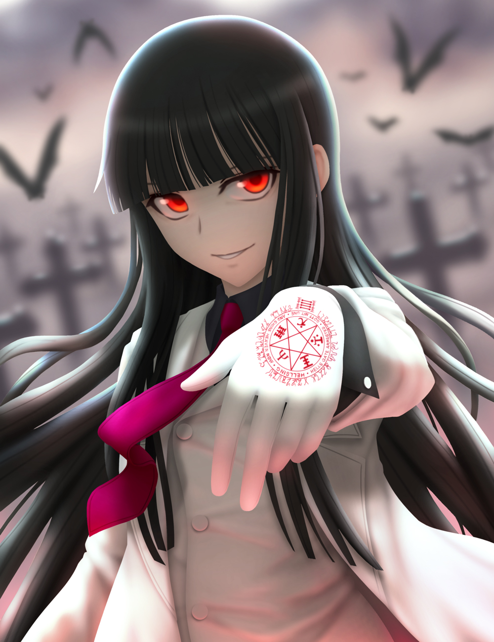 1girl, alucard_(hellsing), animal, arm_up, bird, black_hair, black_shirt, blurry