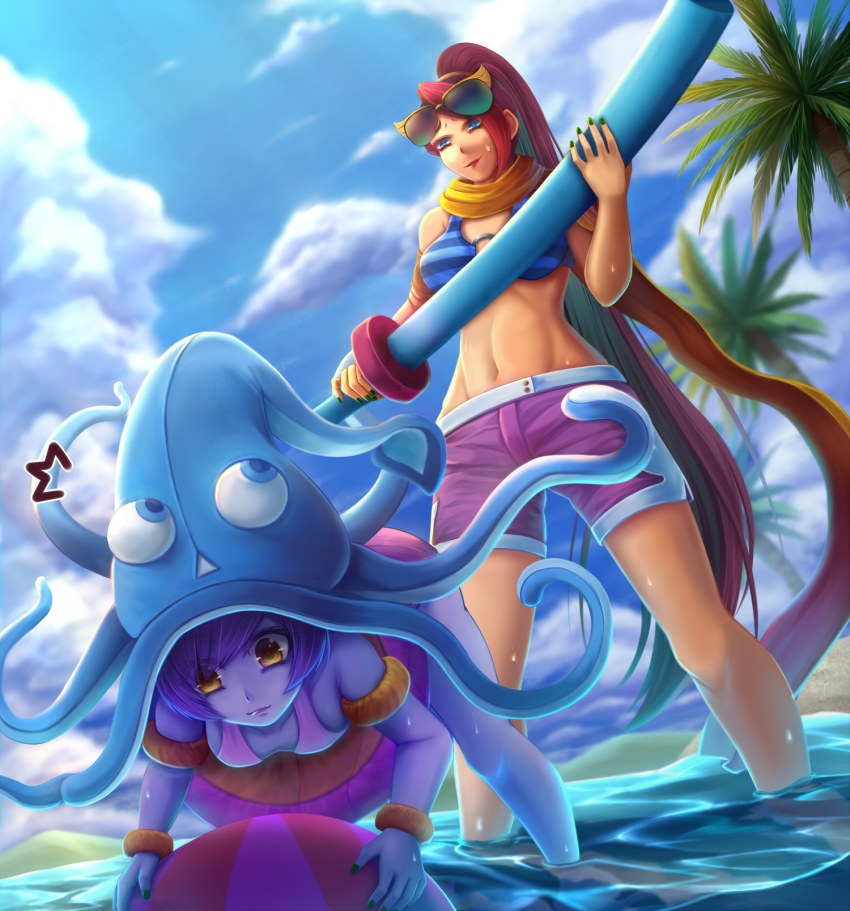 2girls, alternate_costume, ball, beachball, bikini, bikini_top_only, colored_skin, fiora_(league_of_legends)