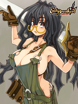 1girl, bag, black_hair, breasts, cleavage, end_breaker!, female_focus, glasses, gloves, huge_weapon, large_breasts, logo, long_hair, lowres, naked_overalls, official_art, overalls, red_eyes, ryoji_(nomura_ryouji), shoulder_bag, solo, sword, weapon