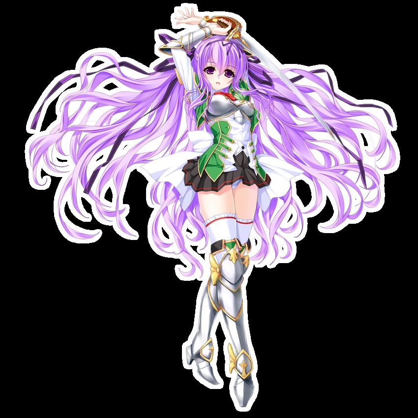 1girl, amasaka_takashi, armor, armored_boots, boots, breastplate, elbow_gloves, female_focus, full_body, game_cg, gauntlets, gloves, hair_between_eyes, hair_spread_out, highres, holding, holding_weapon, long_hair, looking_at_viewer, mirufina_sol_ereanoruto, official_art, panties, pleated_skirt, purple_eyes, purple_hair, ribbon, skirt, solo, sword, thighhighs, transparent_background, underwear, unionism_quartet, very_long_hair, weapon, zettai_ryouiki
