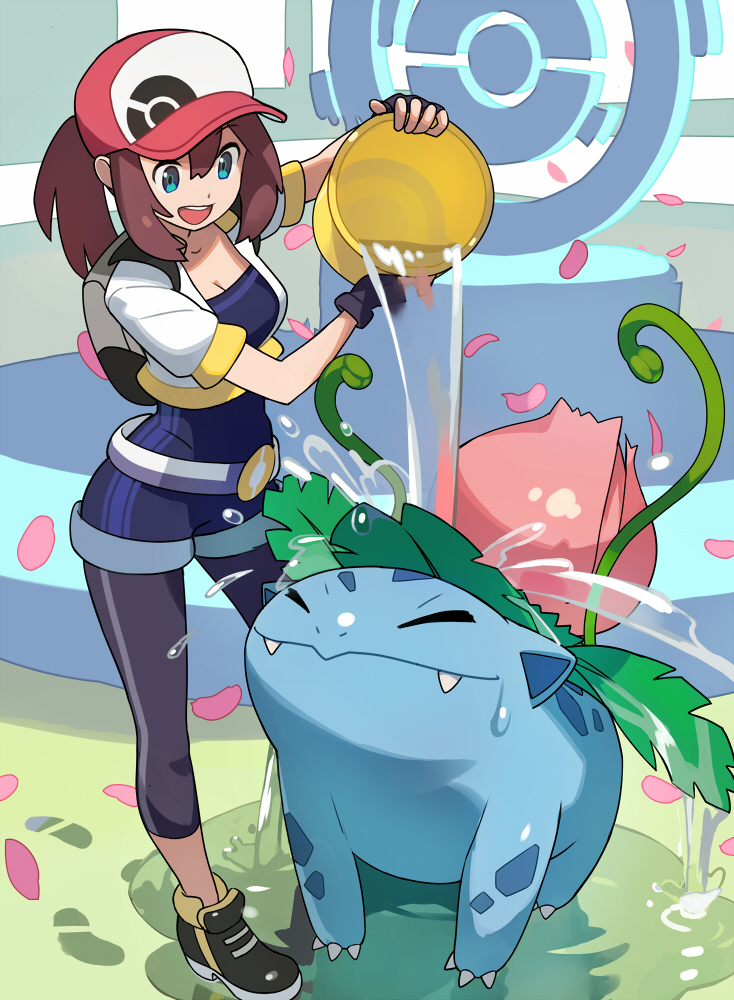 10s, 1girl, backpack, bag, baseball_cap, belt, black_gloves, breasts, brown_hair, bucket, cleavage, closed_eyes, cropped_jacket, fangs, female_protagonist_(pokemon_go), fingerless_gloves, gen_1_pokemon, gloves, green_eyes, hat, ivysaur, leggings, nintendo, pants, petals, pokemon, pokemon_(creature), pokemon_go, pokestop, pouring, showering, smile, tetsuo_(amenohutikoma), track_pants, water
