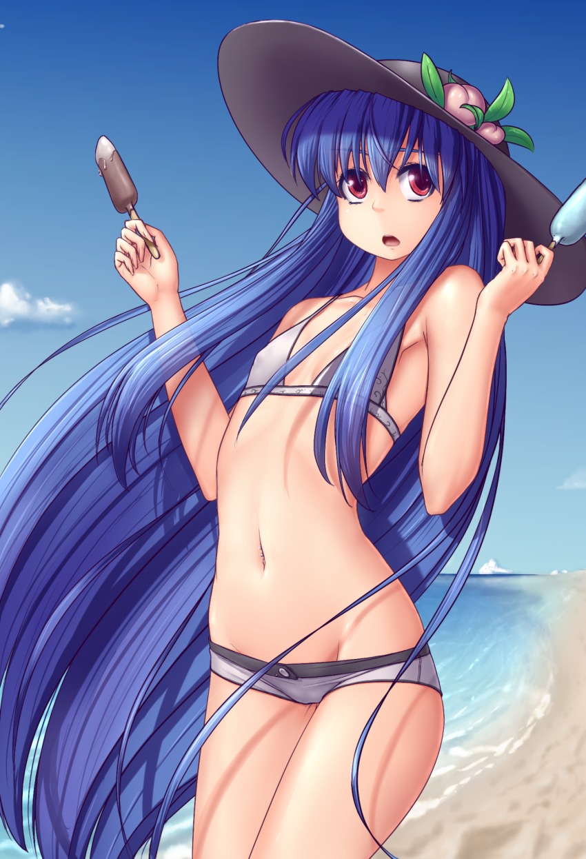 1girl, beach, bikini, blue_hair, blue_sky, breasts, cloud, cowboy_shot, day, female_focus, flat_chest, food, frozen_fruit, fruit, hat, hater_(hatater), highres, hinanawi_tenshi, ice_cream, long_hair, looking_at_viewer, navel, navel_piercing, outdoors, peach, piercing, popsicle, red_eyes, sky, small_breasts, solo, standing, swimsuit, touhou, very_long_hair, water, white_bikini