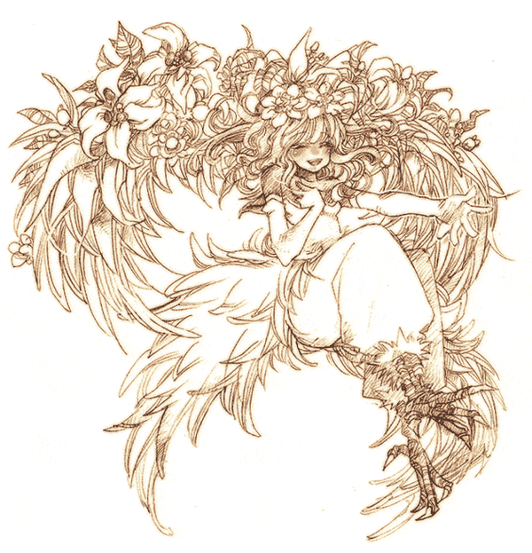 1girl, bad_id, bad_pixiv_id, bird, brown_theme, elle_(lom), female_focus, flower, kamiya_ichi, legend_of_mana, monochrome, seiken_densetsu, smile, solo, wings