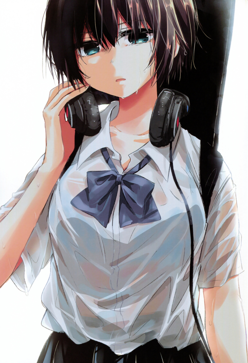 1girl, black_hair, black_skirt, collarbone, female_focus, green_eyes, headphones, headphones_around_neck