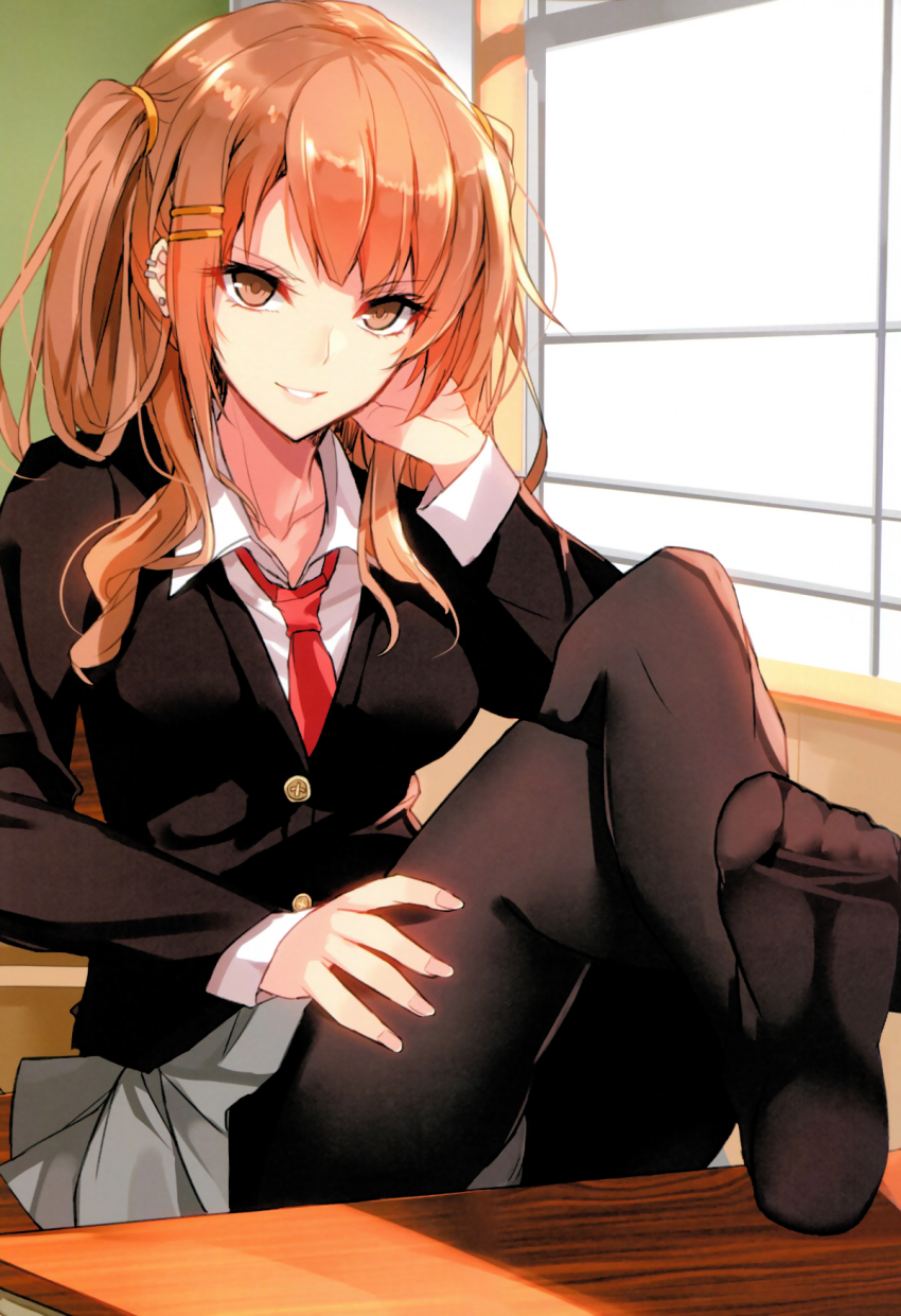 1girl, aosaki_yukina, black_pantyhose, brown_eyes, brown_hair, cardigan, collarbone, feet