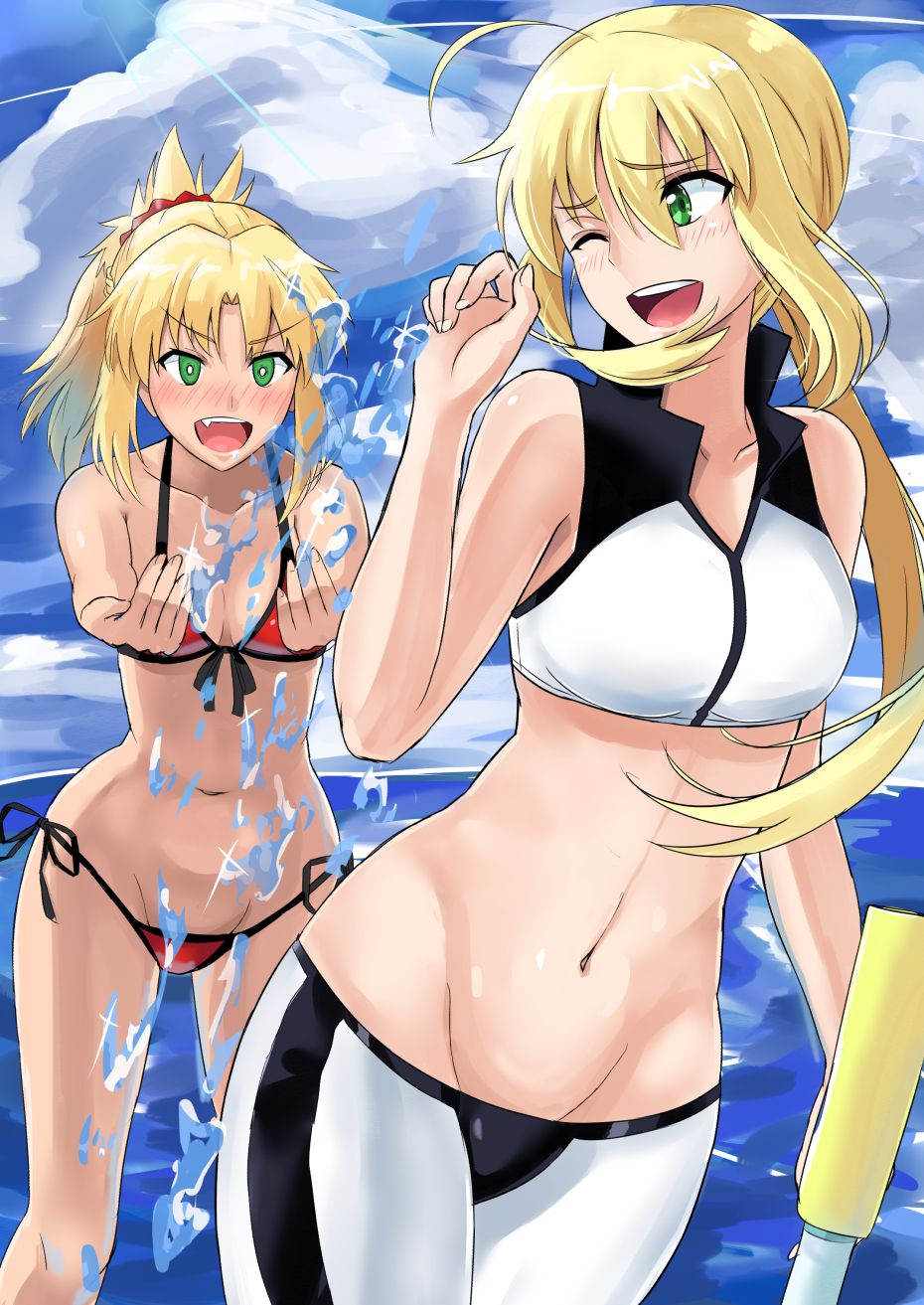 2girls, :d, ;d, ahoge, artoria_pendragon_(fate), bikini, blonde_hair, blush