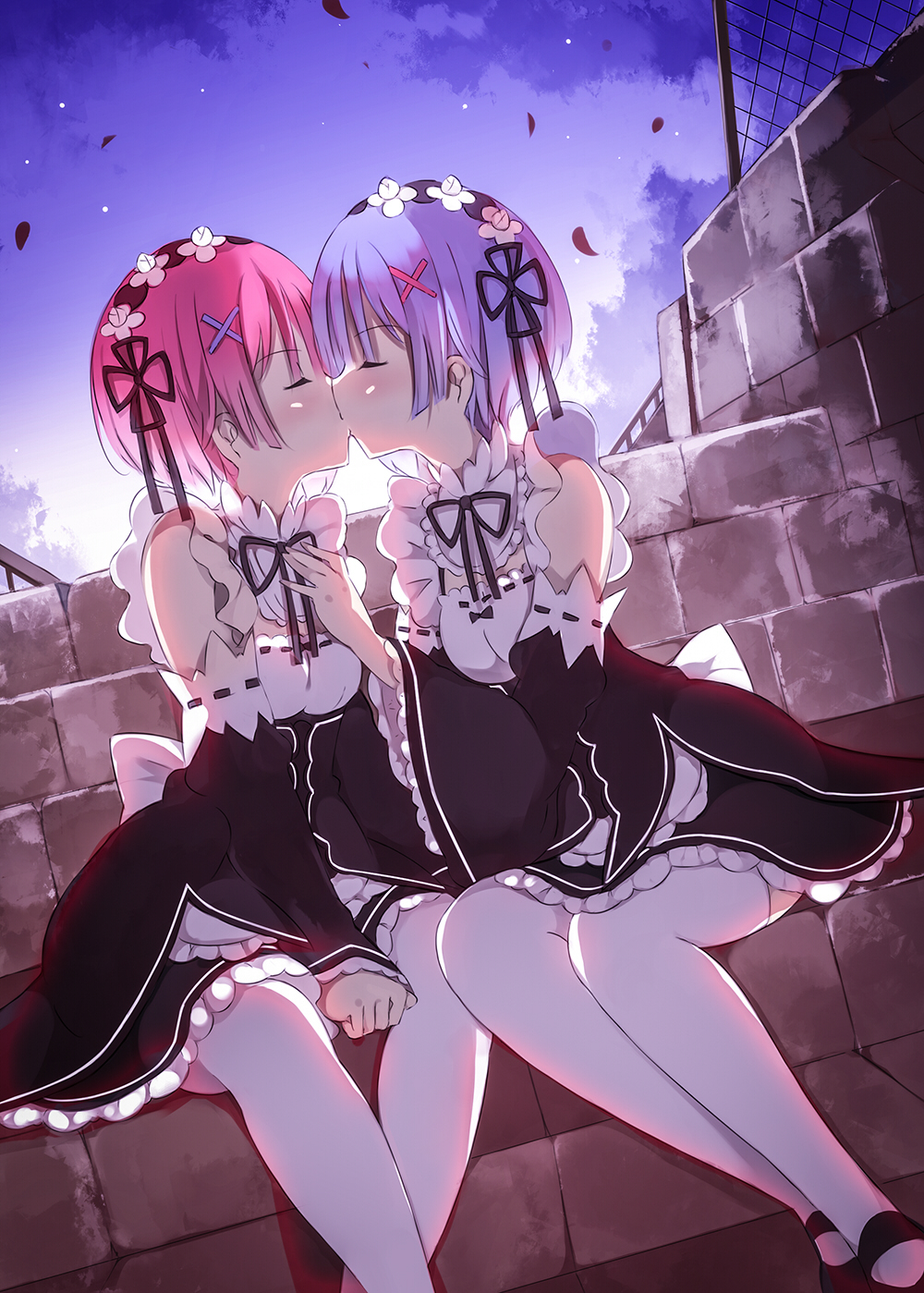 10s, 2girls, bad_id, bad_pixiv_id, blue_hair, detached_sleeves, closed_eyes, hair_ornament, hair_ribbon, hand_on_another's_chest, highres, incest, kiss, maid, maid_headdress, mary_janes, multiple_girls, petals, pink_hair, ram_(re:zero), re:zero_kara_hajimeru_isekai_seikatsu, rem_(re:zero), ribbon, senya_fuurin, shoes, short_hair, siblings, sisters, sitting, thighhighs, twincest, twins, white_legwear, wide_sleeves, x_hair_ornament, yuri