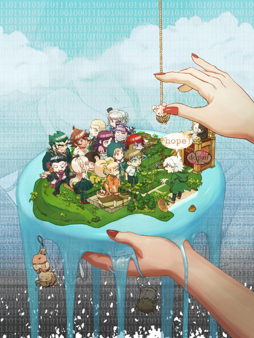 10s, 6+boys, 6+girls, bad_id, bad_pixiv_id, binary, black_hair, blonde_hair