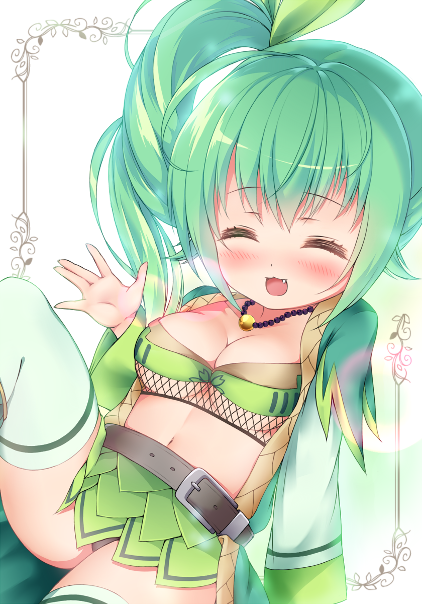 1girl, \||/, artist_request, black_panties, blush, breasts, cleavage, closed_eyes, facing_viewer, fang, female_focus, flower_knight_girl, green_hair, green_skirt, highres, hop_(flower_knight_girl), jewelry, miniskirt, necklace, panties, side_ponytail, skirt, solo, thighhighs, underboob, underwear, waving
