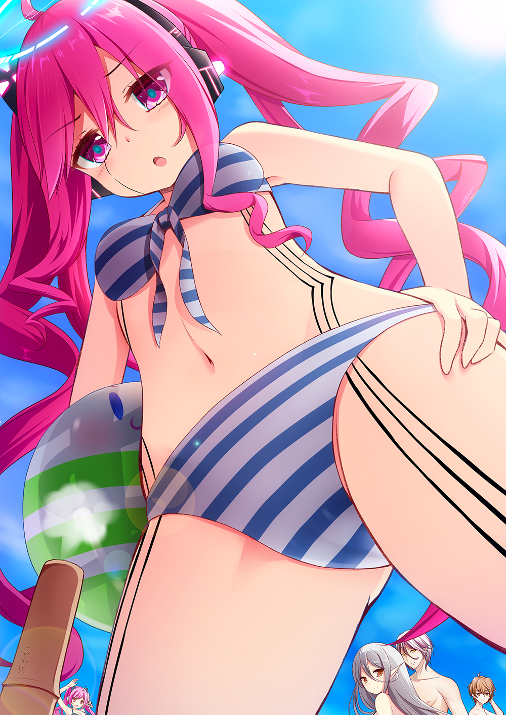 2boys, 3girls, :d, :o, akine_(kuroyuri), arm_up, armpits, ball, beachball, bemani, bikini, blue_pupils, blue_sky, breasts, brown_eyes, brown_hair, cleavage, closed_mouth, day, from_below, front-tie_bikini_top, front-tie_top, furitsu_hiiro, glowing, grace_(sound_voltex), hair_between_eyes, halo, hand_on_own_hip, headphones, highres, holding, holding_ball, lens_flare, long_hair, looking_down, looking_to_the_side, lyonel_karlheinz_von_godel, medium_breasts, multiple_boys, multiple_girls, navel, open_mouth, ortlinde=nblg=valkyria, outdoors, pink_eyes, pink_hair, pointy_ears, rasis, ribbon, scratching_head, sky, smile, solo_focus, sound_voltex, sound_voltex_iii_gravity_wars, spread_legs, standing, stomach, striped_bikini, striped_clothes, striped_ribbon, summer, sun, sunlight, swimsuit, tamaneko_(sound_voltex), very_long_hair, yellow_eyes