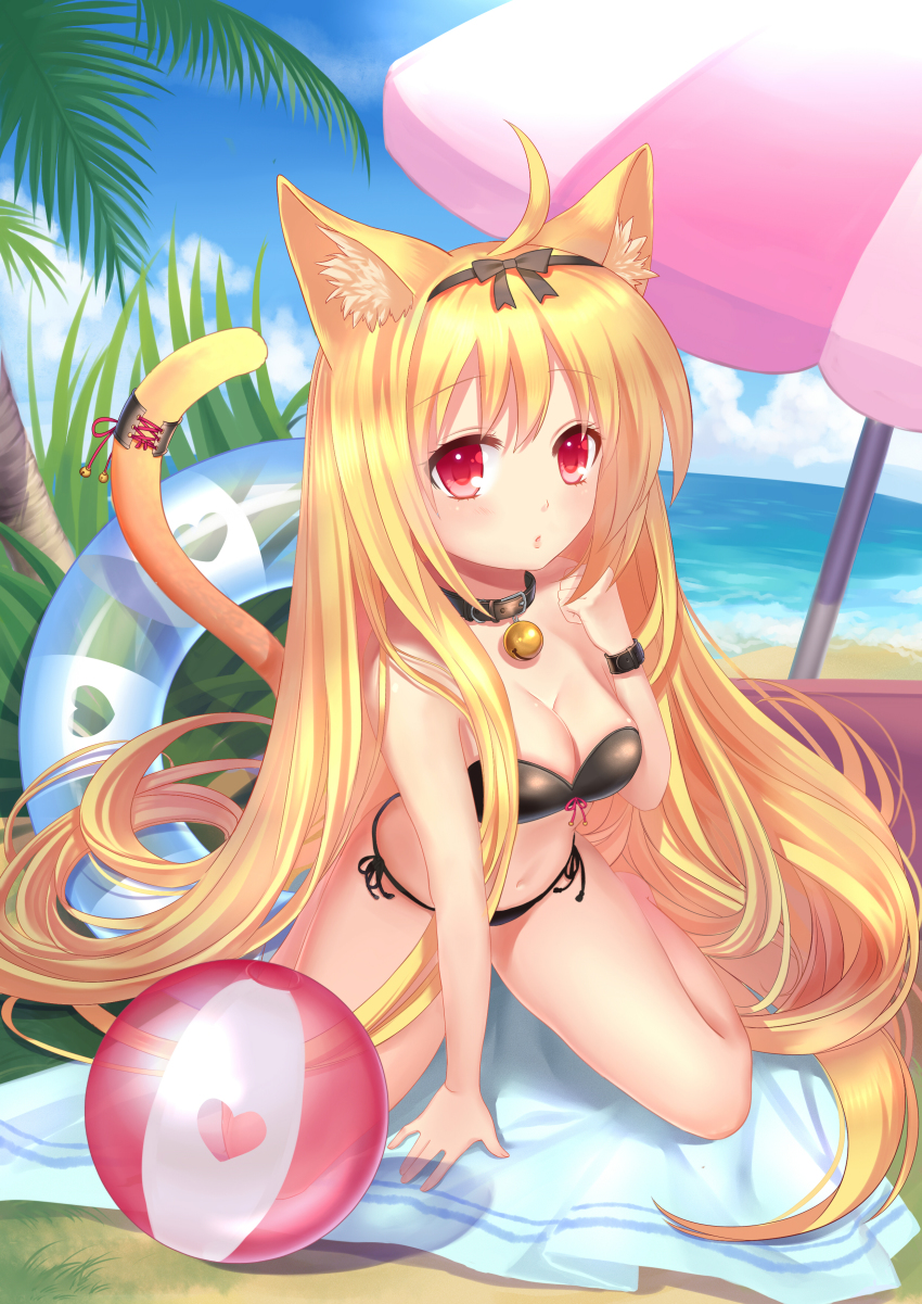 1girl, absurdres, animal_ears, ball, beach, bell, bikini, black_bikini