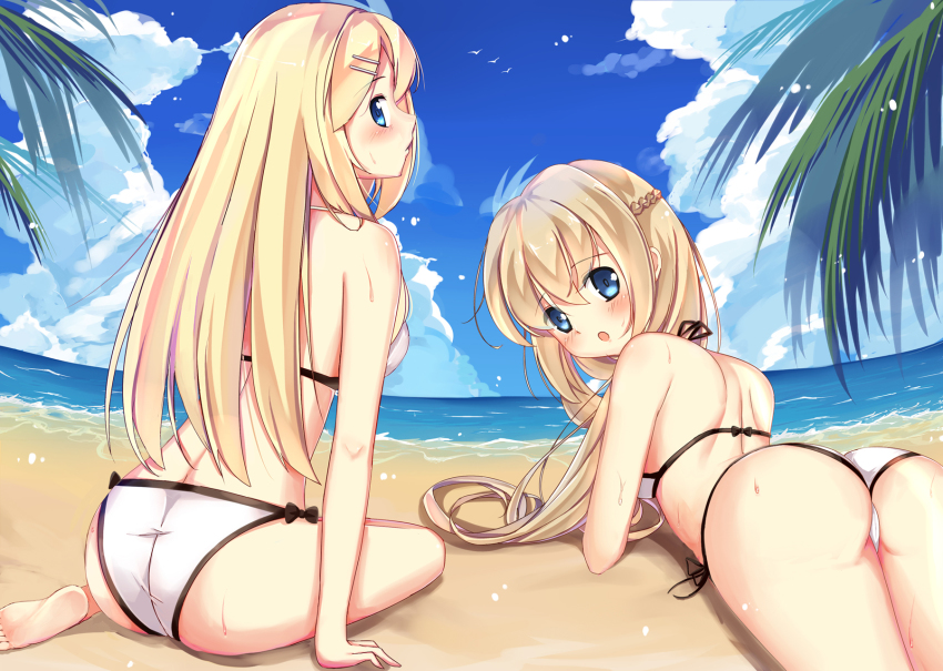 2girls, ass, beach, blonde_hair, blue_eyes, cloud, day, eyebrows