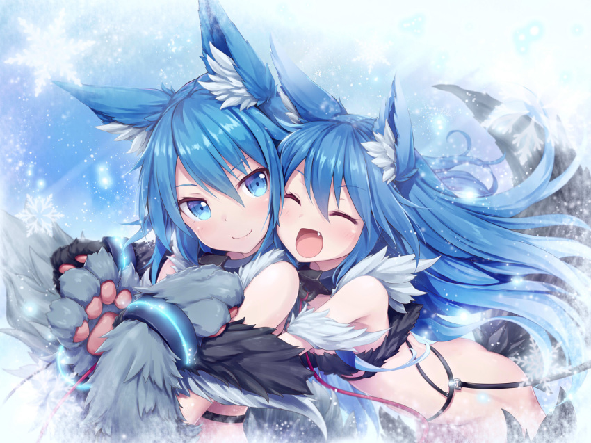 2girls, akkijin, animal_ears, ass, blue_eyes, blue_hair, closed_eyes, fang, fenrir_(shinkai_no_valkyrie), hair_between_eyes, highres, hug, hug_from_behind, long_hair, multiple_girls, open_mouth, shinkai_no_valkyrie, smile, snowflakes, squall_(shinkai_no_valkyrie)