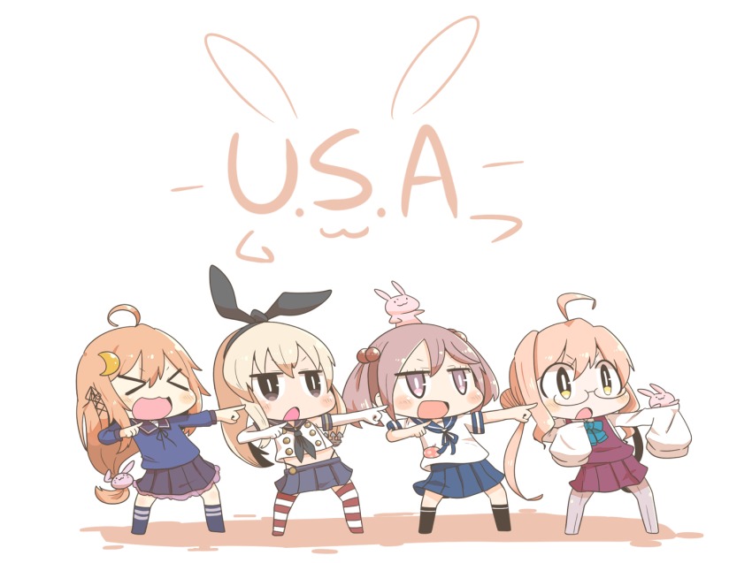 >_<, 10s, 4girls, :3, :d, abyssal_ship, ahoge, anchor_hair_ornament