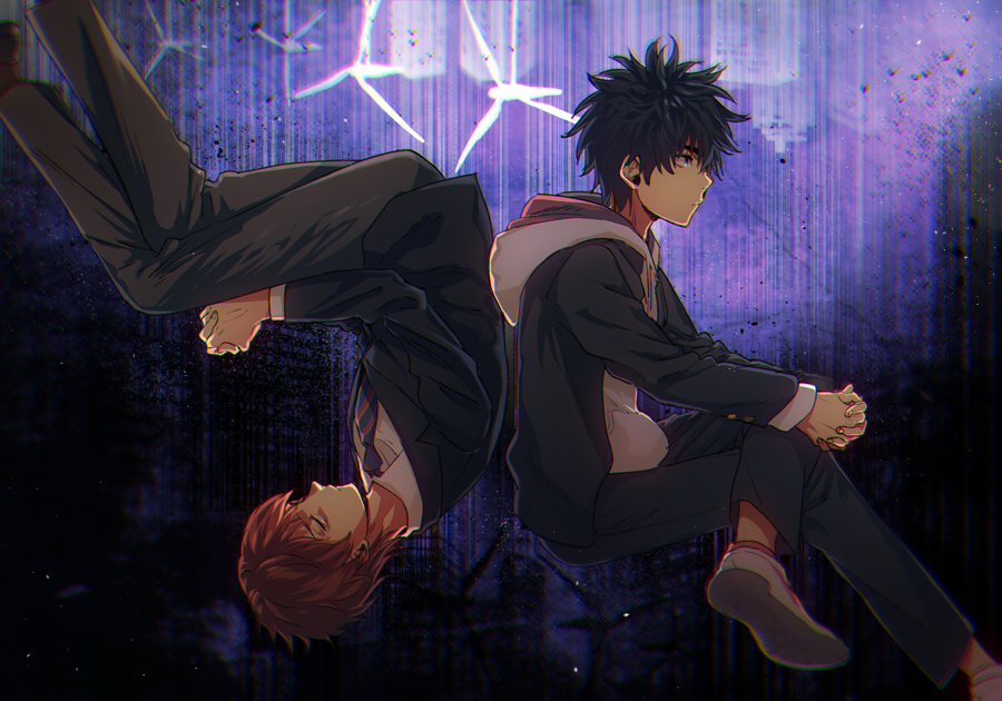 2boys, back-to-back, black_hair, blazer, brown_hair, gakuran, hood, hooded_jacket, hoodie, jacket, kamijou_touma, kamisato_kakeru, multiple_boys, necktie, own_hands_clasped, own_hands_together, school_uniform, shoes, spiked_hair, toaru_majutsu_no_index, toaru_majutsu_no_index:_new_testament, wind_turbine, windmill, yucca_(sui_linx)