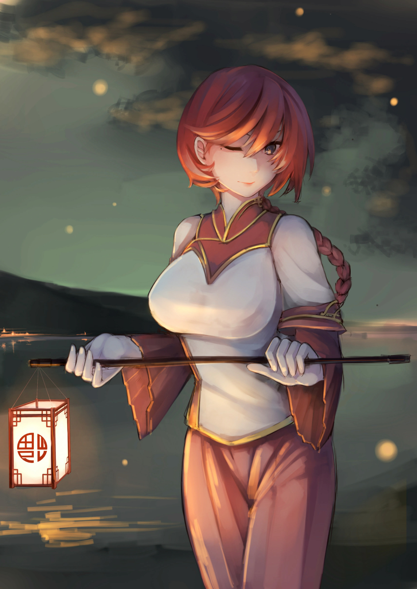 1girl, ;), absurdres, braid, breasts, brown_eyes, chinese_clothes, chinese_lantern