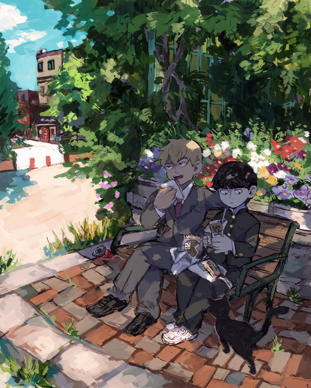 10s, 2boys, animal, bench, black_cat, black_footwear, black_hair, black_pants